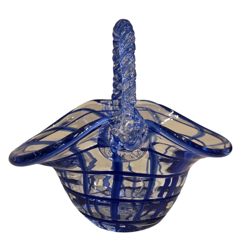 Vintage Hand-Blown Art Glass Basket Blue & Clear Swirl w/Twisted Handle
